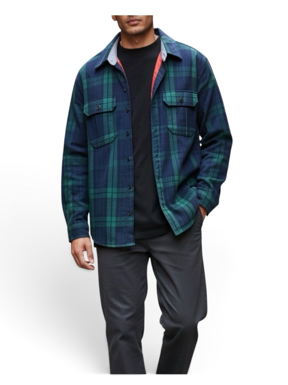 L.L. Bean Navy Green Plaid Quilted Lined Button-Up Shirt Shacket Jacket Mens L